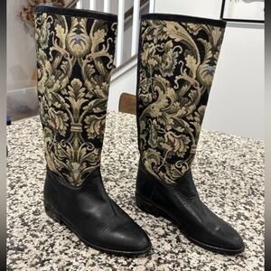 Seychelles Vintage Black knee high Boots with Paisley Tapestry Design